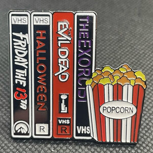 Classic Horror Movies VHS Tape & Popcorn Bucket Metal Enamel Pin